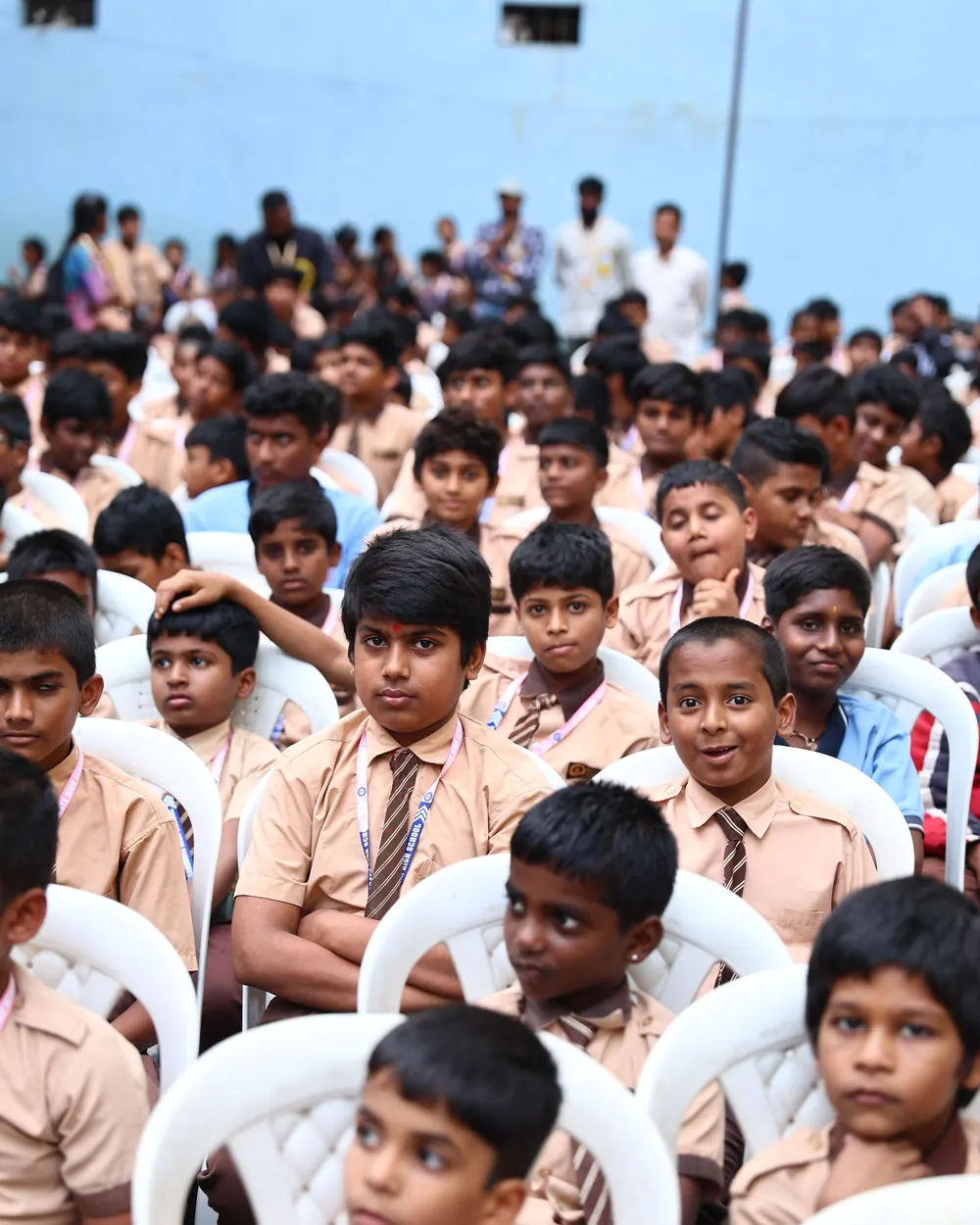 Students in school uniform gathered for the morning assembly